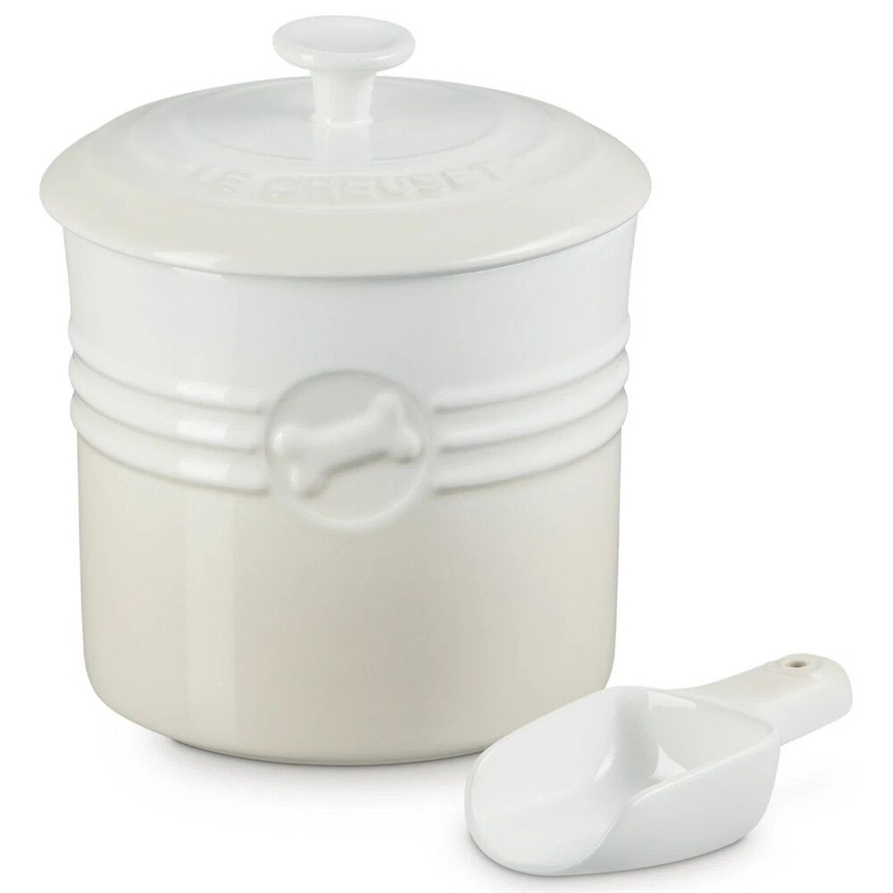 Le Creuset Stoneware Pet Food Storage Container Jar with Lid Scoop Meringue NEW